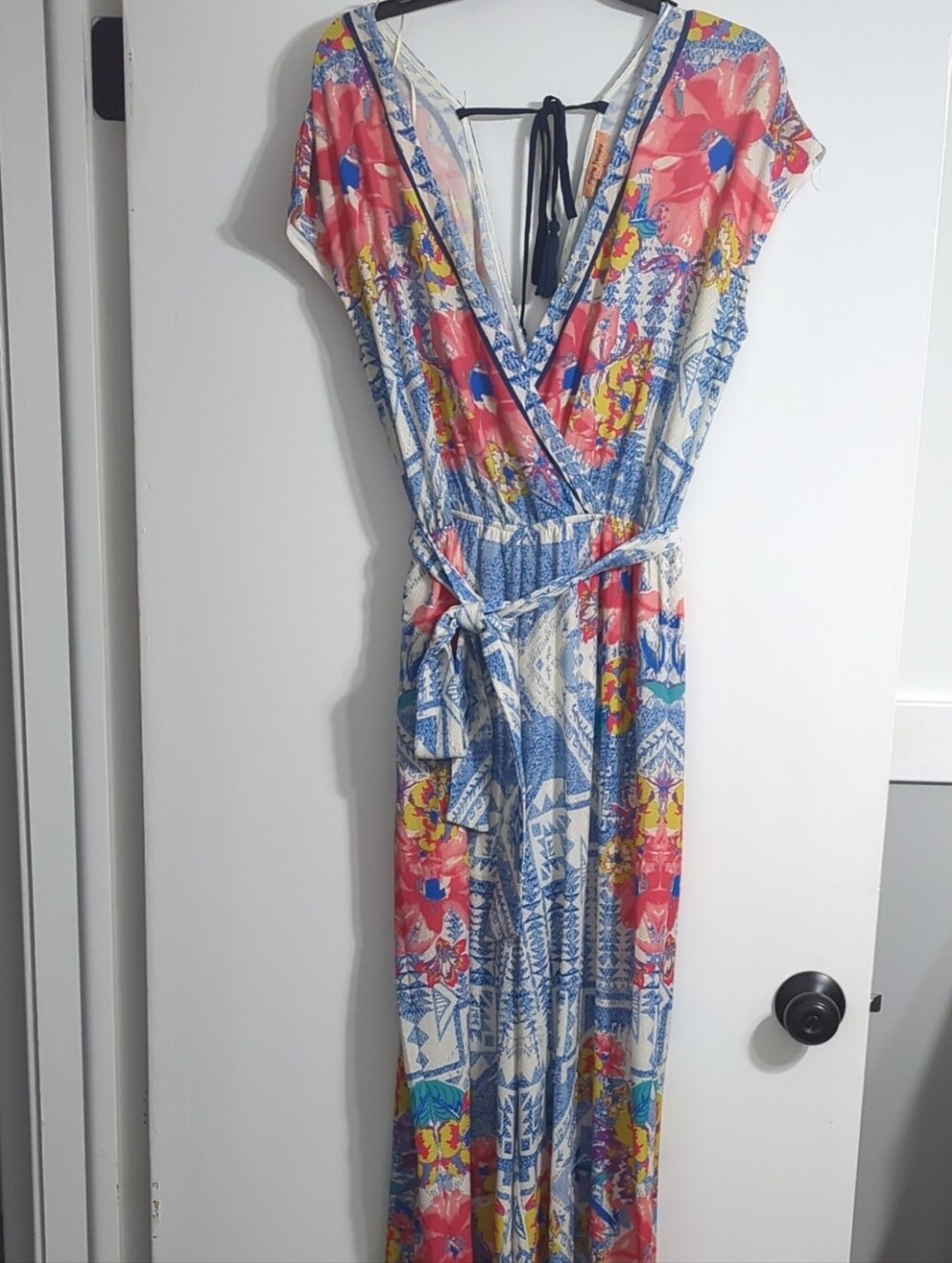 Flying Tomato Multi-Color Floral Patchwork Wrap Jumpsuit